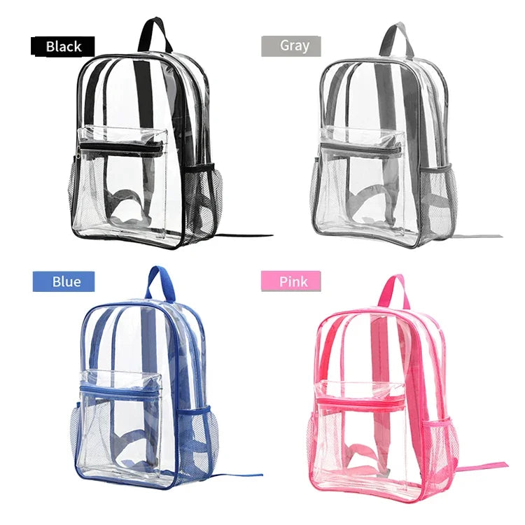 A collection of clear transparent PVC backpacks in black, gray, blue, and pink.