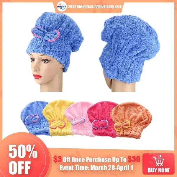 Blue microfiber bowknot hair and bath towel shown on a mannequin head.