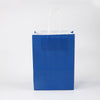 A vertical blue reusable kraft paper gift bag with white string handles.