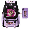 A purple and black canvas backpack featuring a pink cat-eye print design.
