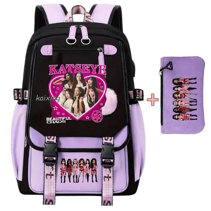 A purple and black canvas backpack featuring a pink cat-eye print design.