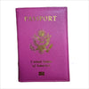 A magenta leather passport holder featuring gold embossed text and an eagle design.