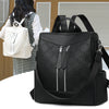 Black leather anti-theft women's backpack with floral pattern shown against a light background.
