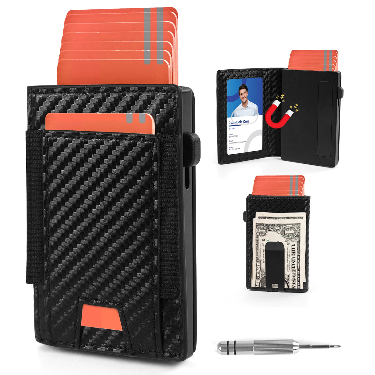 A black slim aluminum RFID blocking wallet with orange accents and a credit card slot, shown open and closed.