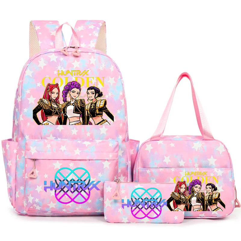 Pink backpack set featuring characters from Huntrix Golden including a backpack and a pouch