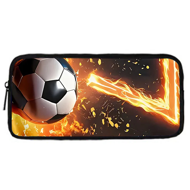 A black laptop sleeve featuring a soccer ball and bright orange flames on a dark background.