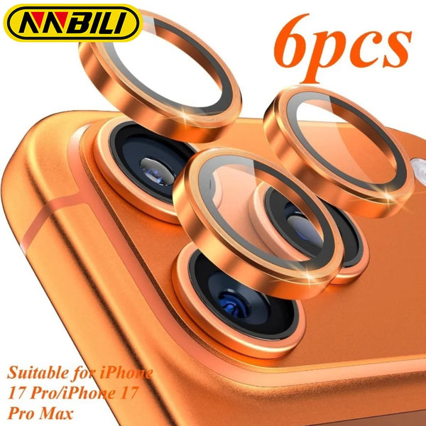 A set of six gold-colored lens protectors for an iPhone 17 Pro Max case.