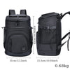 Black insulated thermal cooler backpack shown from the front and side with dimensions and weight.