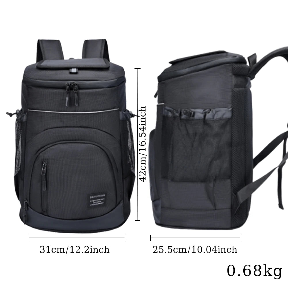 Black insulated thermal cooler backpack shown from the front and side with dimensions and weight.