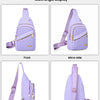Affichage multi-angles d'un sac bandoulière en cuir rembourré violet montrant les vues avant, micro latérale, côté et arrière