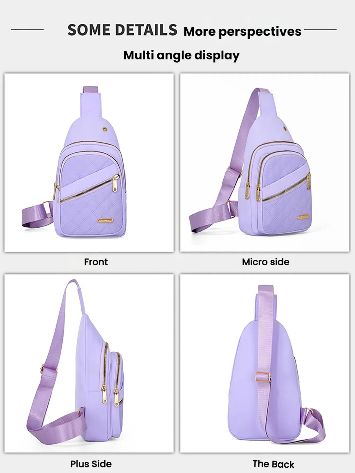 Affichage multi-angles d'un sac bandoulière en cuir rembourré violet montrant les vues avant, micro latérale, côté et arrière