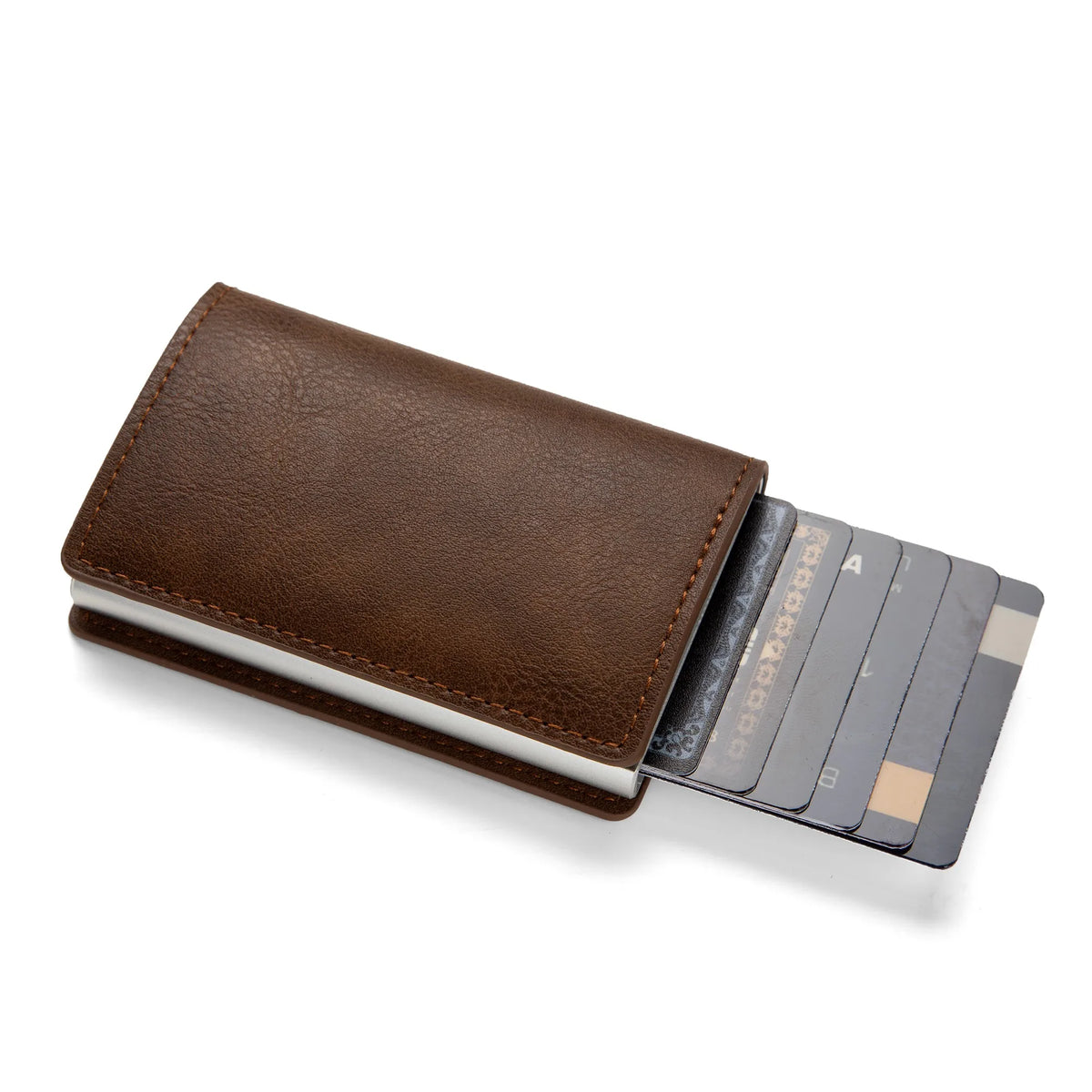 A brown leather minimalist wallet with a card slot displaying several credit cards.