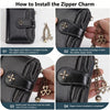 Step-by-step instructions showing how to install a zipper charm onto a black leather wallet.
