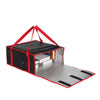 Black insulated pizza delivery bag with red handles and aluminum foil lining displayed flat.