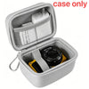 A gray hard shell camera travel case shown open, containing a camera and accessories.