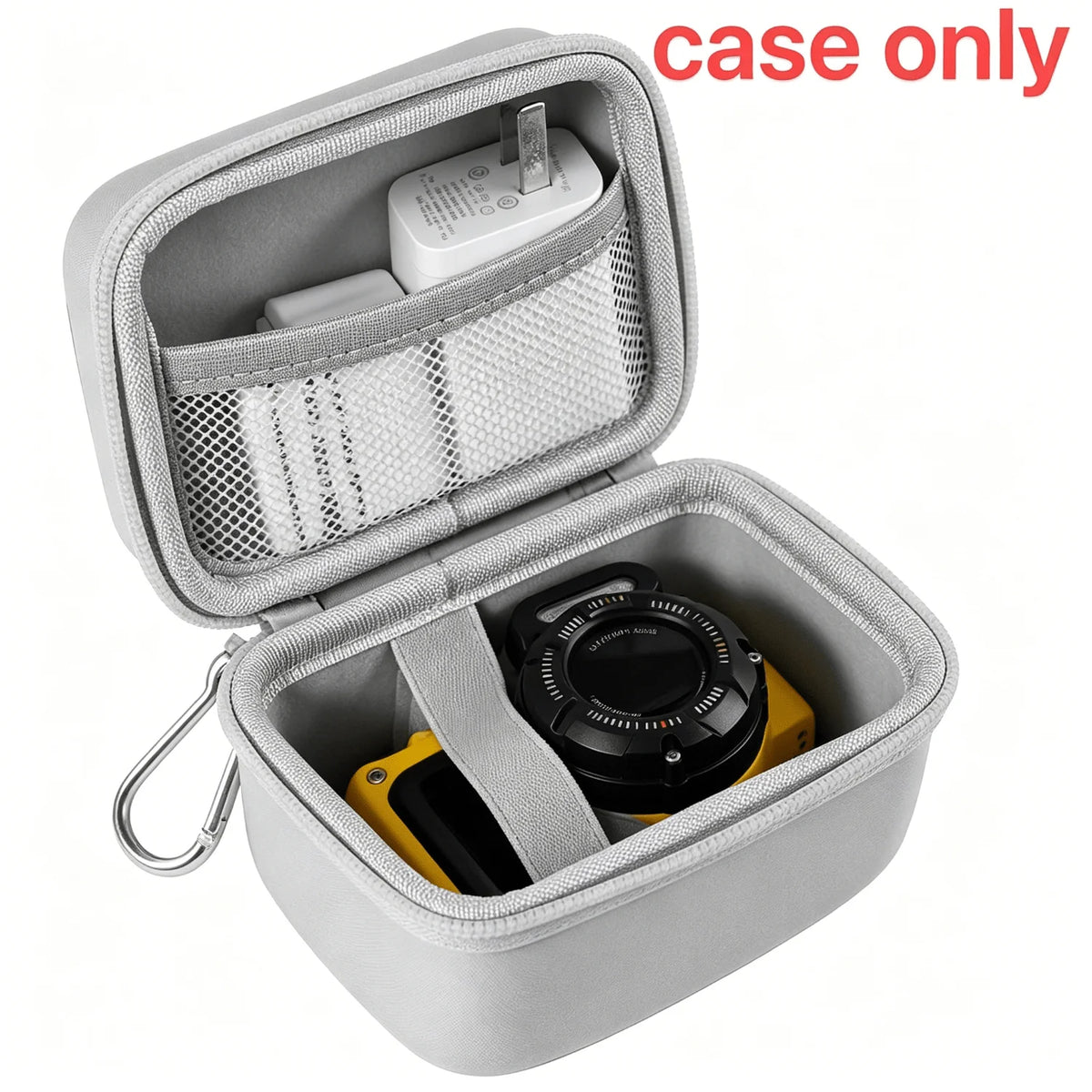 A gray hard shell camera travel case shown open, containing a camera and accessories.