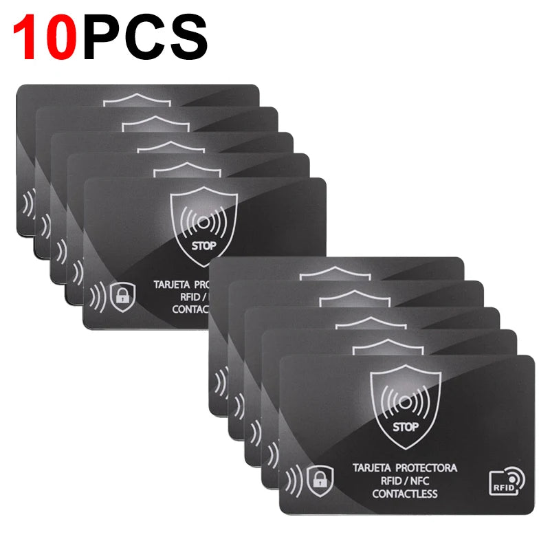 Ten black RFID blocking cards stacked in a row for protection