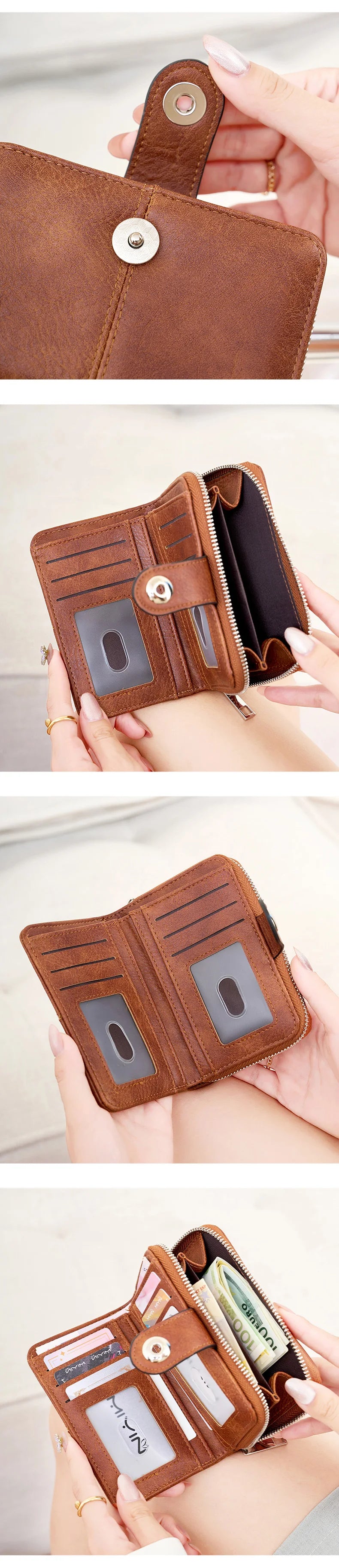 A close-up of a brown leather multi-function wallet with a zipper closure and RFID blocking features being held by a hand.