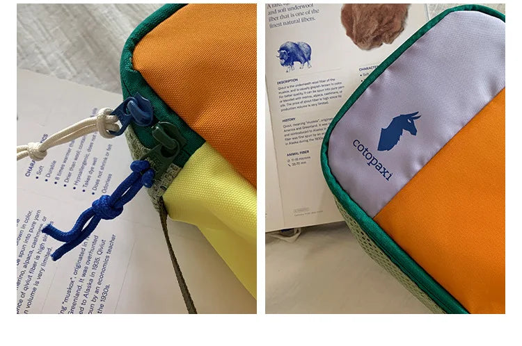 Orange and purple waterproof toiletry bag set with a blue drawstring closure