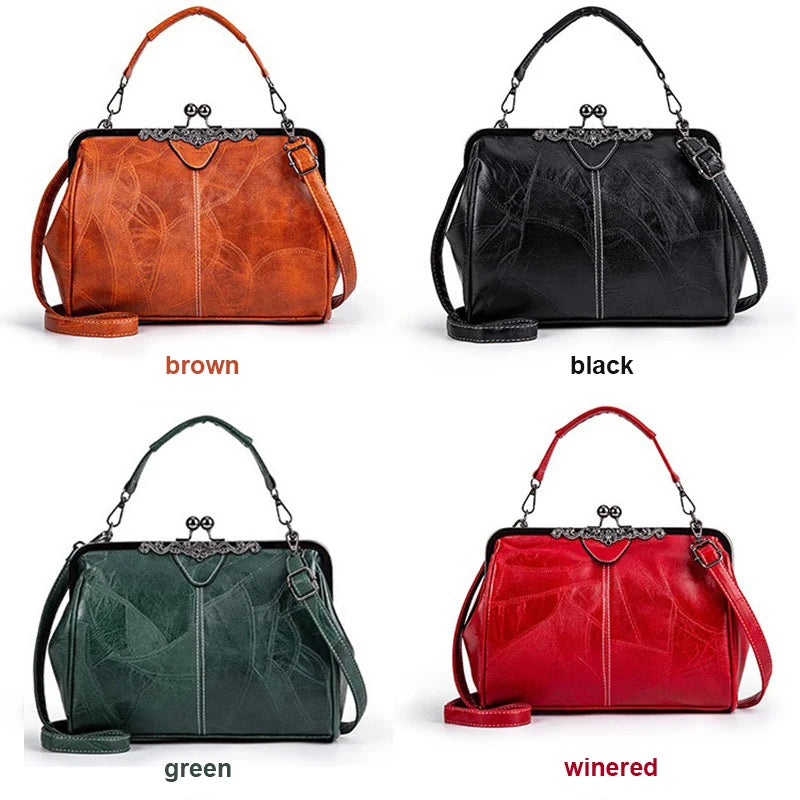 Four leather crossbody bags in brown, black, green, and winered colors displayed side by side.