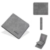 Portefeuille à clips en cuir gris, montré sous diverses formes : portefeuille plié et pièces de clips séparées.