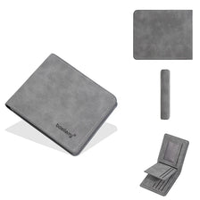A gray leather slim card clips wallet shown in various forms, including a folded wallet and separate clip pieces.