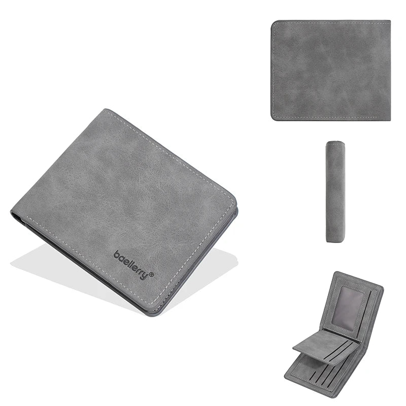 Portefeuille à clips en cuir gris, montré sous diverses formes : portefeuille plié et pièces de clips séparées.
