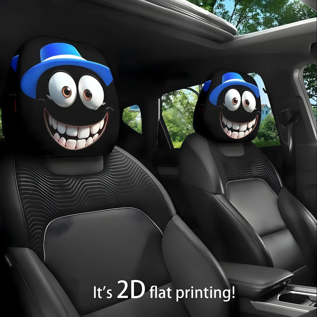 Two black headrest covers with blue hats are shown installed in a car seat interior.