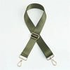 Olive green adjustable nylon shoulder strap with a metal buckle and lobster clasps