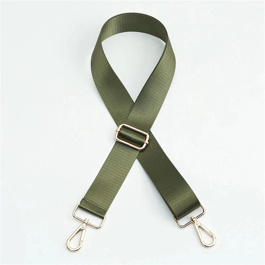 Olive green adjustable nylon shoulder strap with a metal buckle and lobster clasps