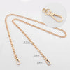 Gold-toned adjustable metal chain strap for a handbag, shown with a close-up of the clasp.