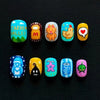 A set of colorful cartoon press-on nails featuring various cute animal and themed designs.