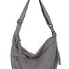 A gray soft nylon crossbody shoulder bag with an adjustable strap.