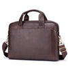 A dark brown genuine leather men's briefcase with padded straps and brass hardware.