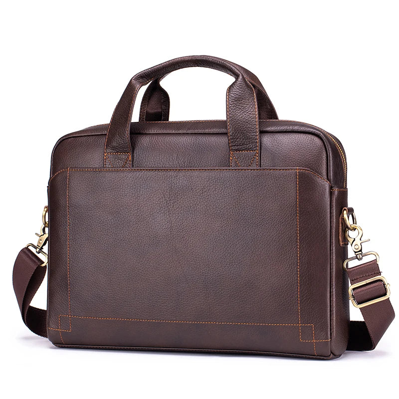 A dark brown genuine leather men's briefcase with padded straps and brass hardware.