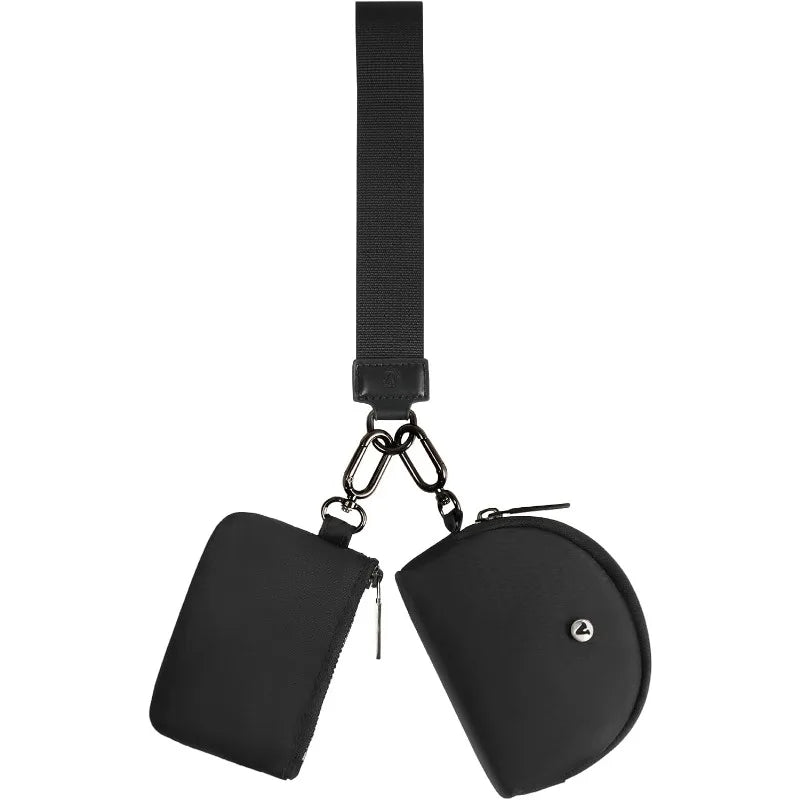 Black dual zip keychain wallet wristlet with a black strap