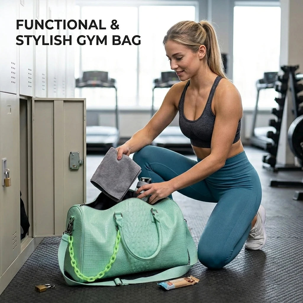 A woman is sitting on the floor with a light green gym bag and a dark gray towel in a gym setting.