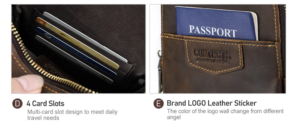 Close-up of a brown leather crossbody bag showing four card slots and a brand logo leather sticker.