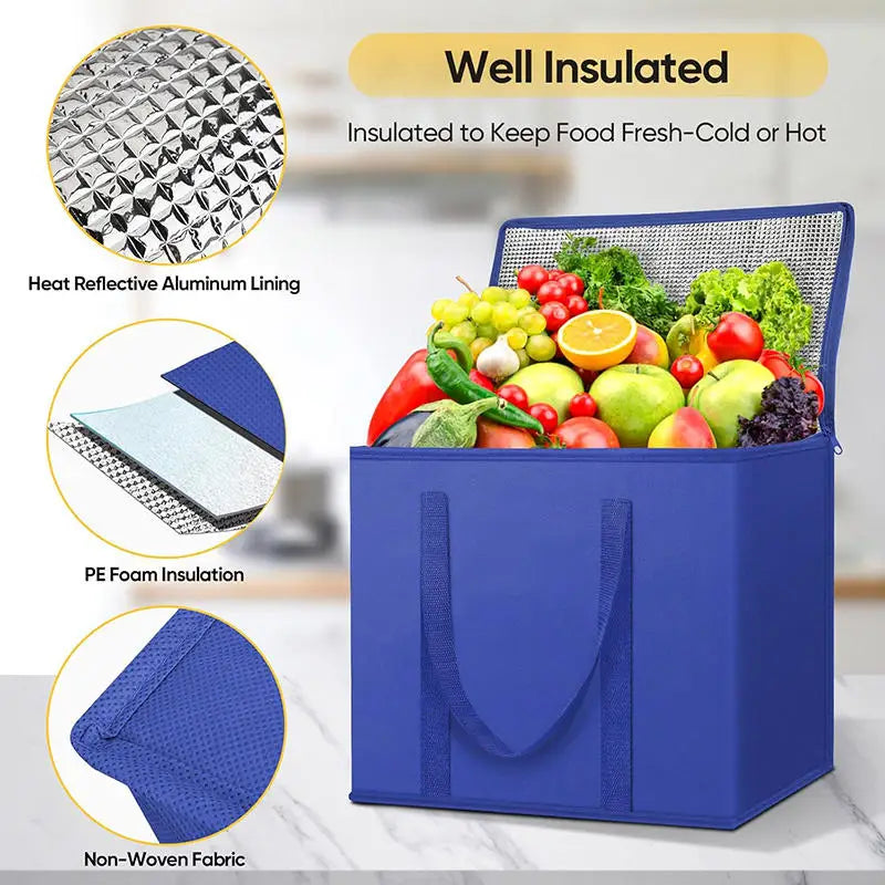 A blue foldable insulated grocery and food cooler bag showing its features like heat reflective lining, PE foam insulation, a