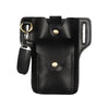 Black genuine leather men's waist bag with brass hardware and a flap closure.