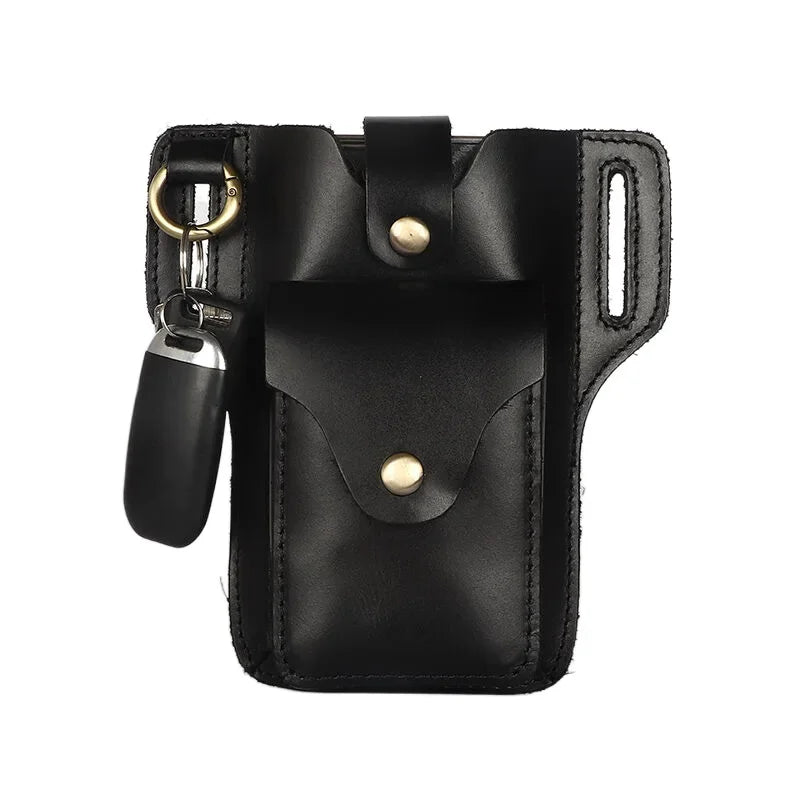 Black genuine leather men's waist bag with brass hardware and a flap closure.