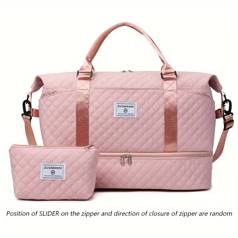 Pink Zuomnni 2-in-1 travel duffel bag with a separate shoe and cosmetic pouch