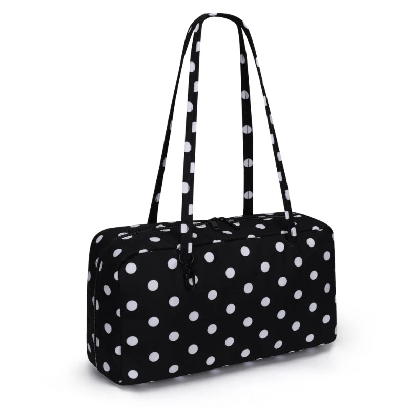 Black nylon shoulder tote bag with white polka dots