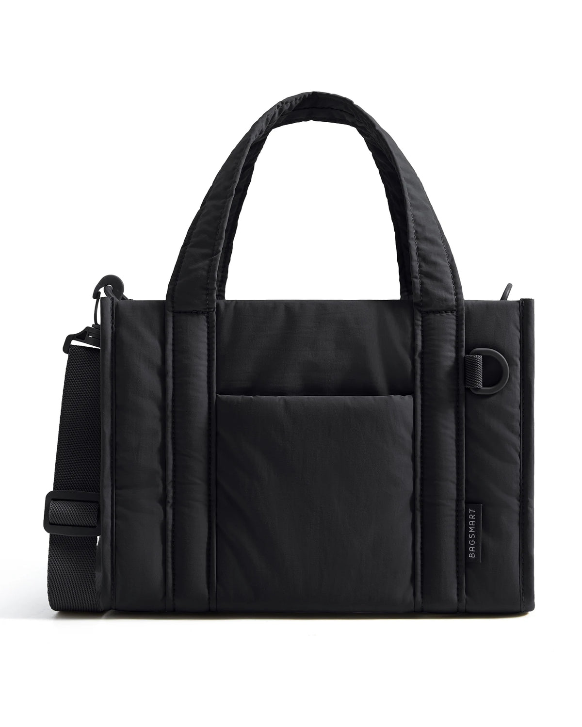Black lightweight quilted crossbody tote bag with a handle and pocket detail.