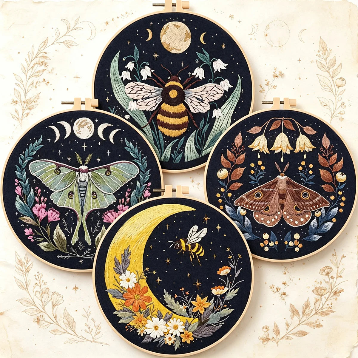 A collection of nine circular embroidery kits featuring detailed butterfly and moon designs on dark fabric.