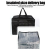Black insulated pizza delivery bag with a clear non-woven fabric lining shown in a flat lay view.
