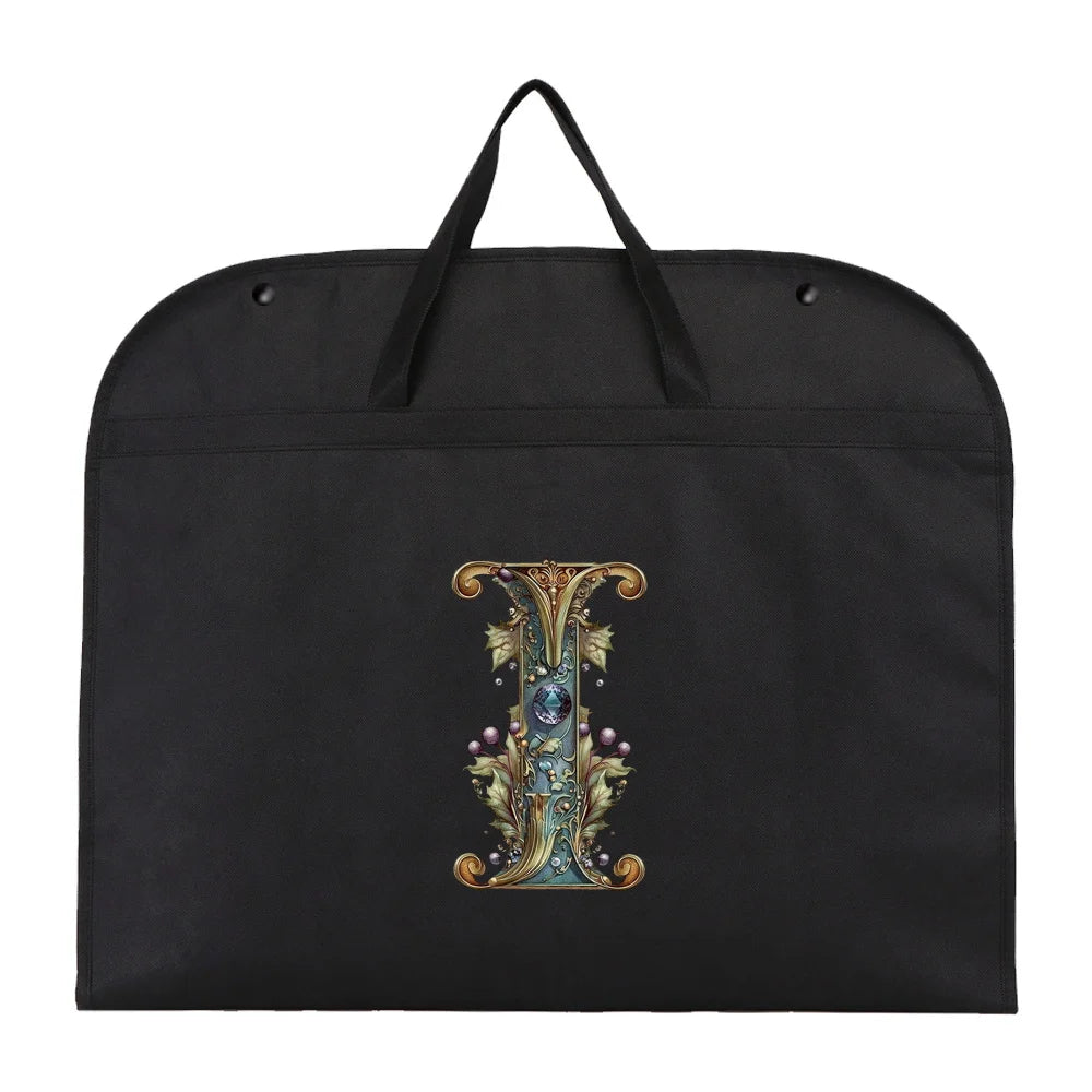 Black fabric dust cover and storage bag with gold embroidery