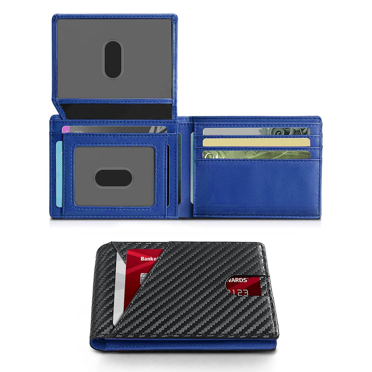 A blue slim bifold wallet shown in two views, including a card slot and a folded version.