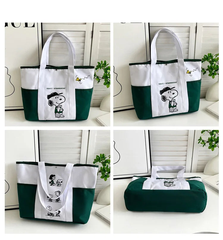 A white and green canvas tote bag featuring Snoopy graphics, shown in various styles.