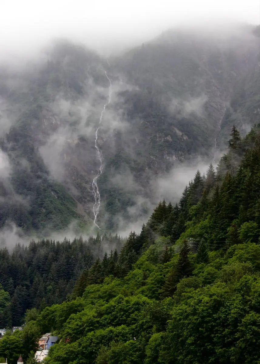 Nebelverhangenes Bergpanorama mit Wasserfall, der über steile bewaldete Hänge stürzt